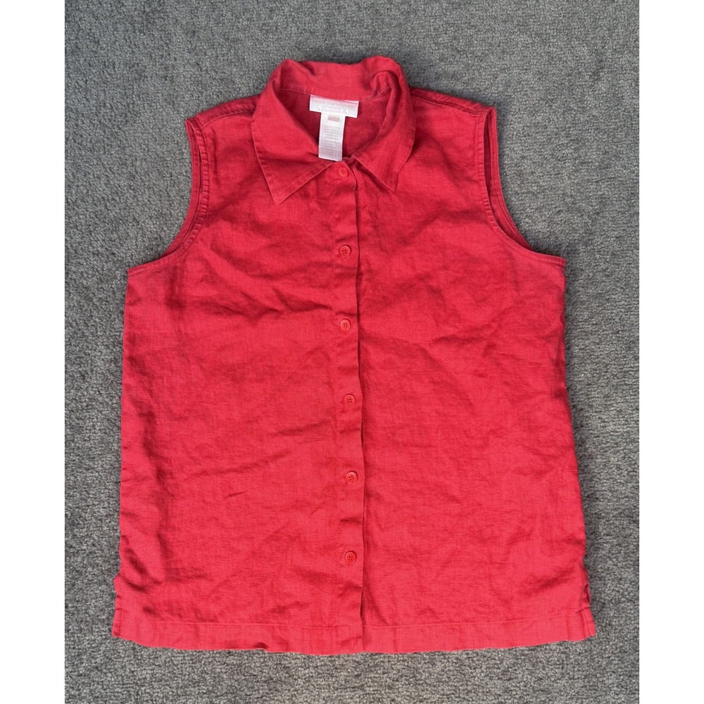 Jones New York Sport Red 100% Linen Sleeveless Button Down Shirt Small